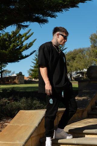OL SERIES TEE - PITCH BLACK FT. ARCTIC BLUE - On Lock Apparel XS TEES