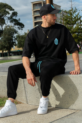 OL SERIES TEE - PITCH BLACK FT. ARCTIC BLUE - On Lock Apparel XS TEES