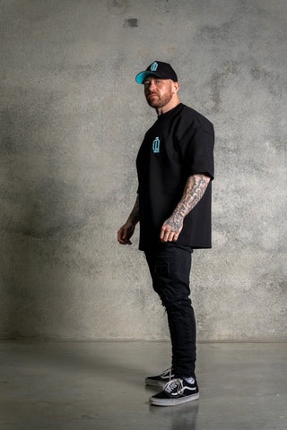 OL SERIES TEE - PITCH BLACK FT. ARCTIC BLUE - On Lock Apparel XS TEES